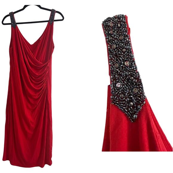 CARMEN MARC VALVO Red Ruched Gunmetal Beaded Dress Surplice Wrap Top - Sz 10 - Picture 1 of 6